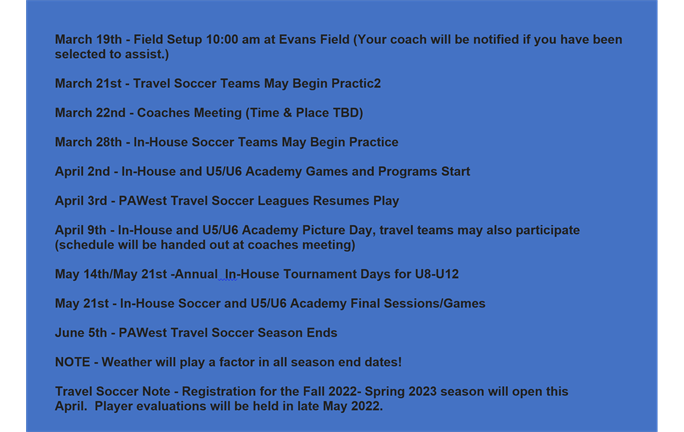 Spring 2022 Soccer Calendar
