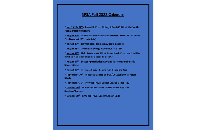 SPSA Fall 2022 Calendar